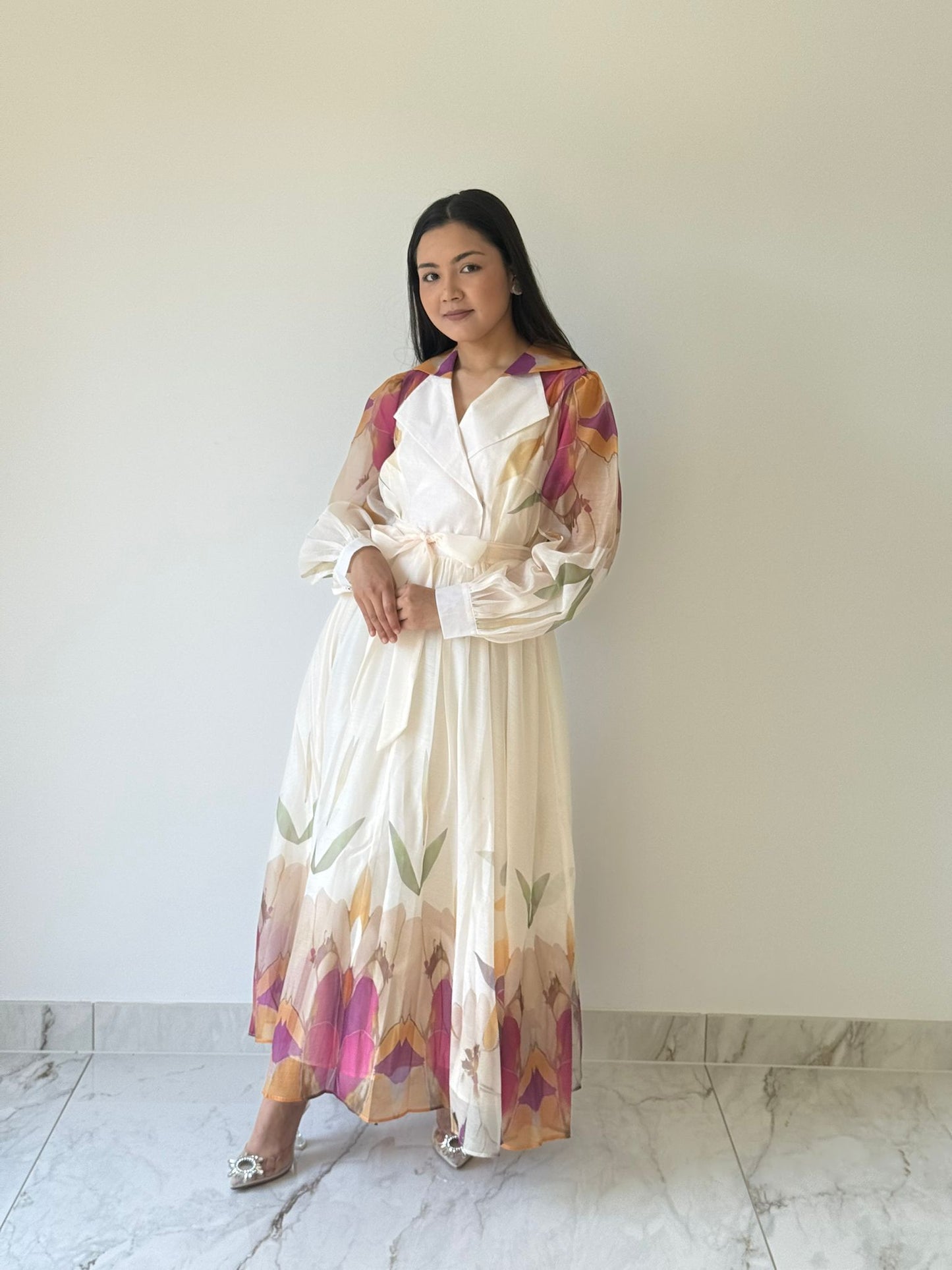 Cream Bloom V-Neck Maxi Dress