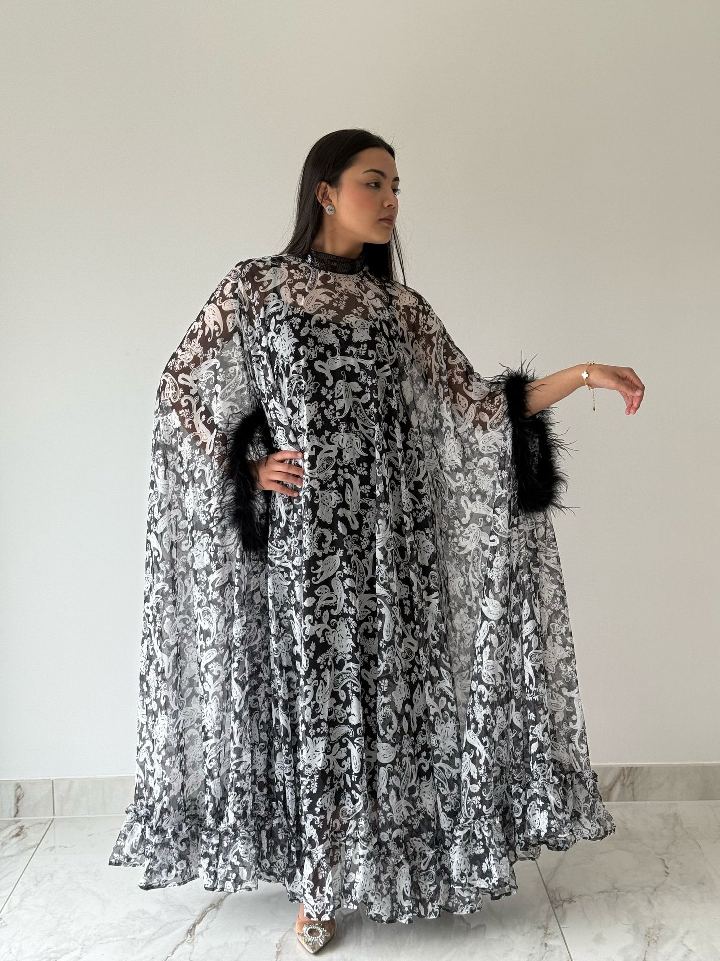 Feather Trim Chiffon Maxi