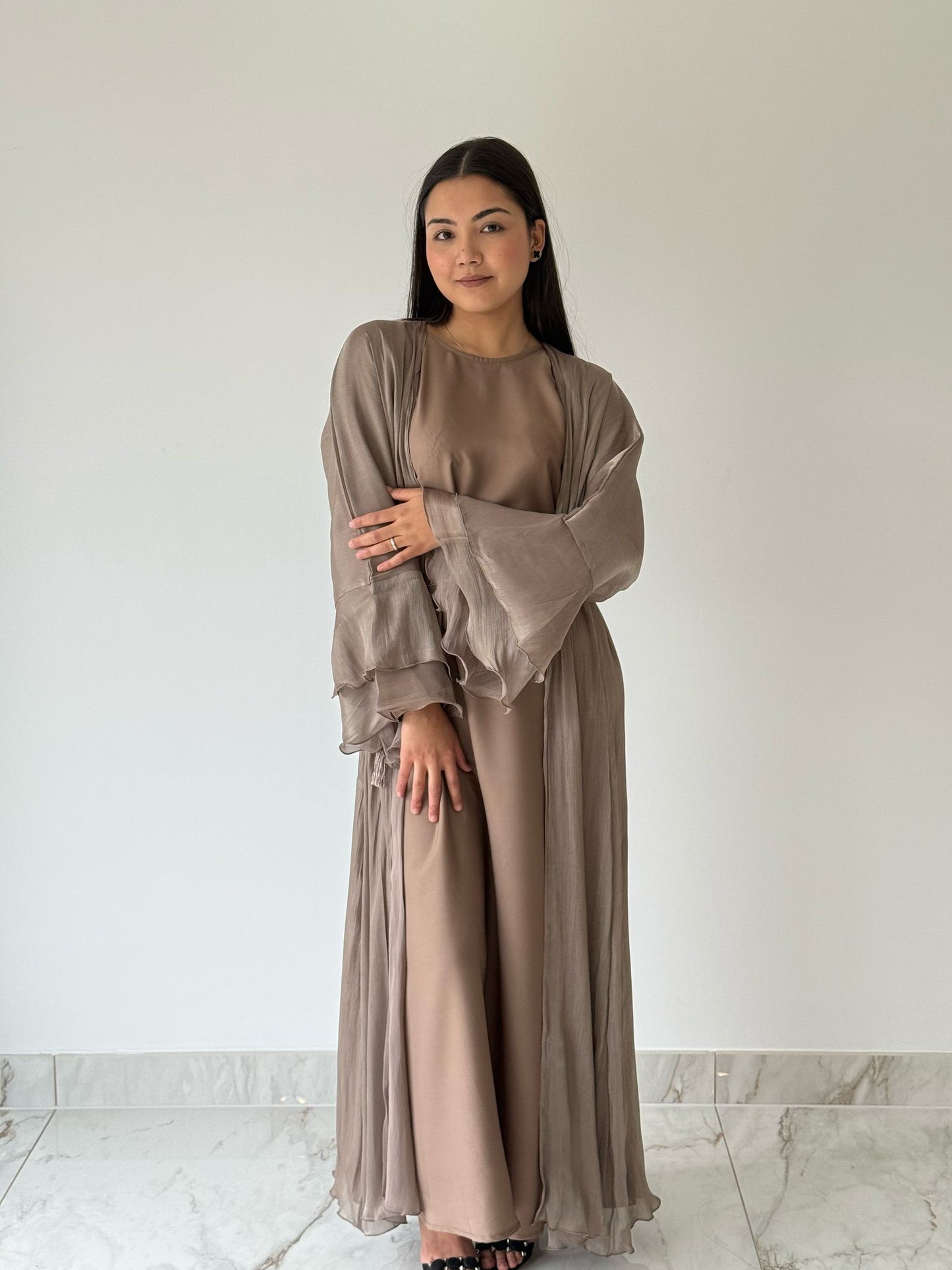 Taupe Organza Belted 3-Piece Abaya