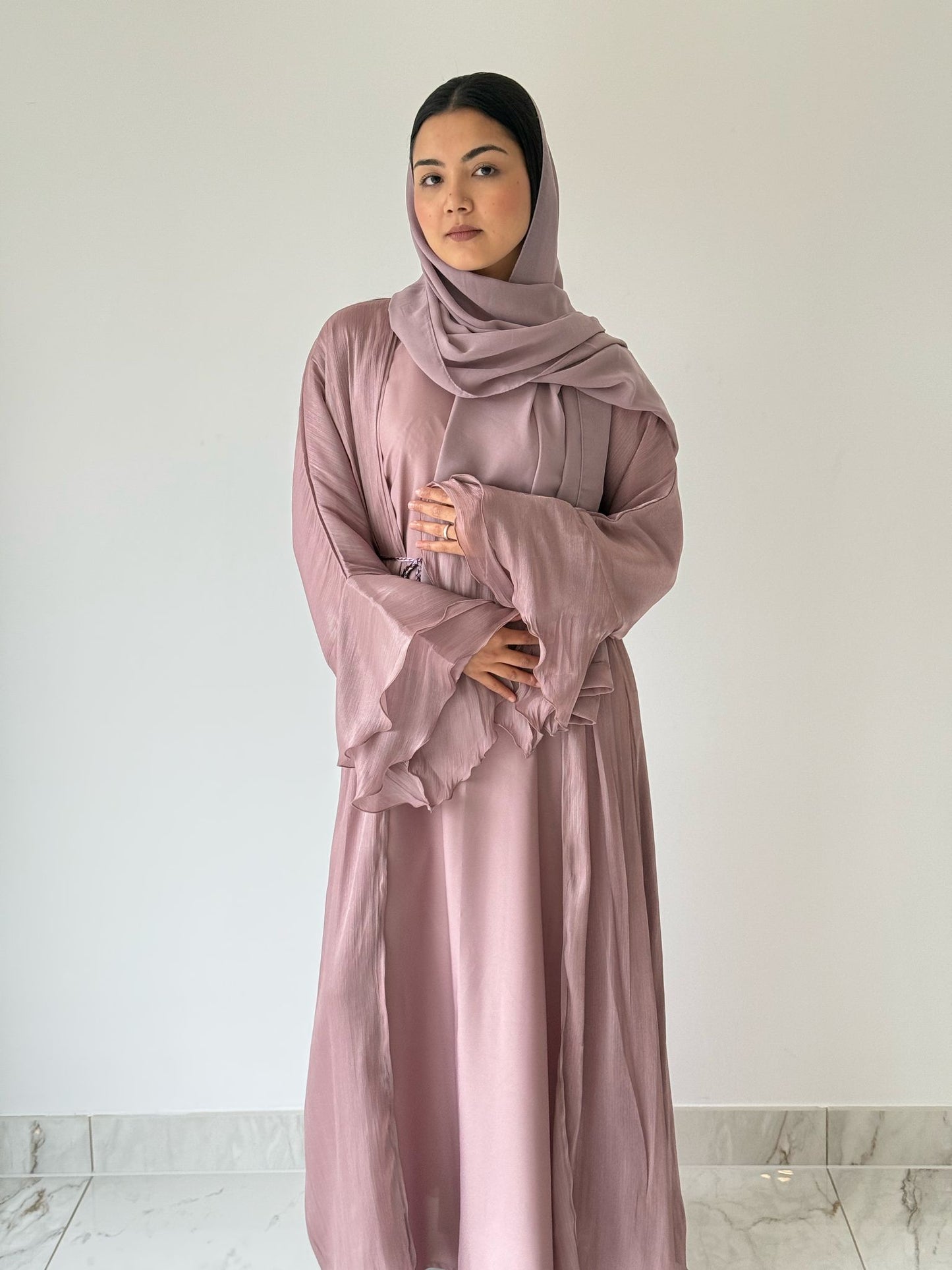 Blush Pink Organza Belted 3-Piece Abaya