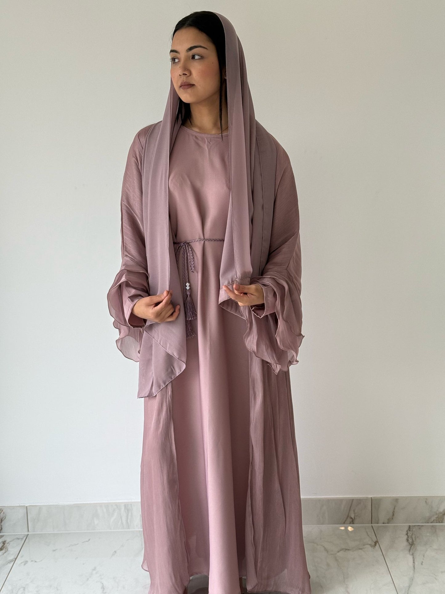 Blush Pink Organza Belted 3-Piece Abaya