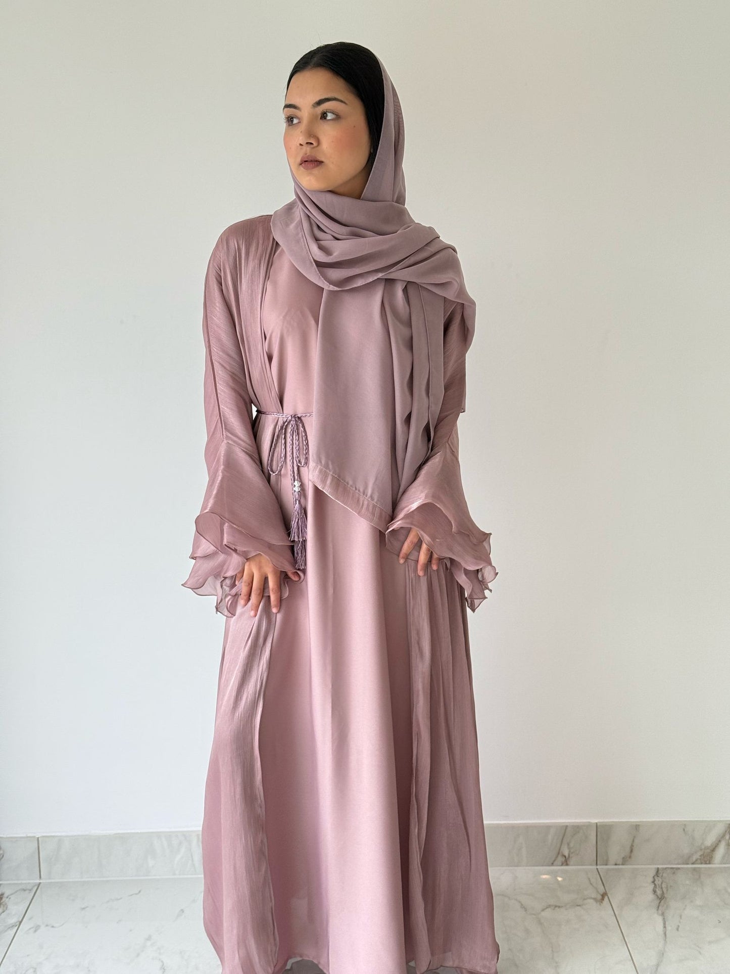 Blush Pink Organza Belted 3-Piece Abaya