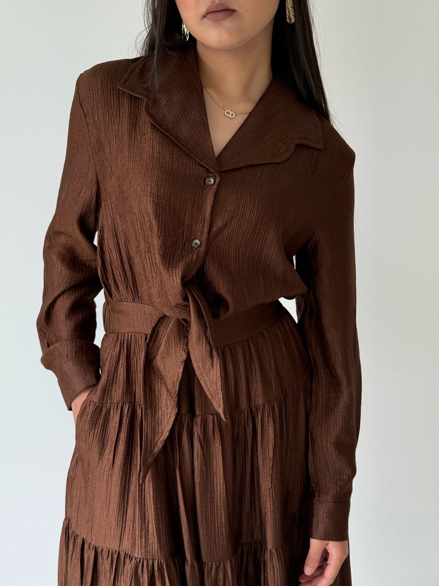 Brown Ruffle Hem Tie Dress