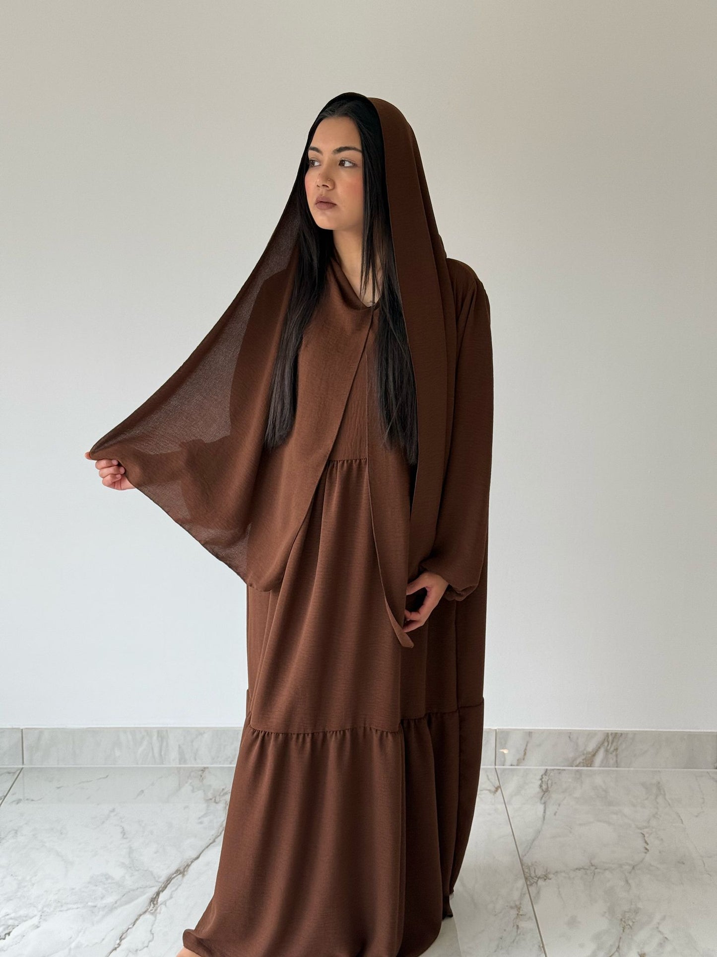 Brown Abaya with Attached Scarf