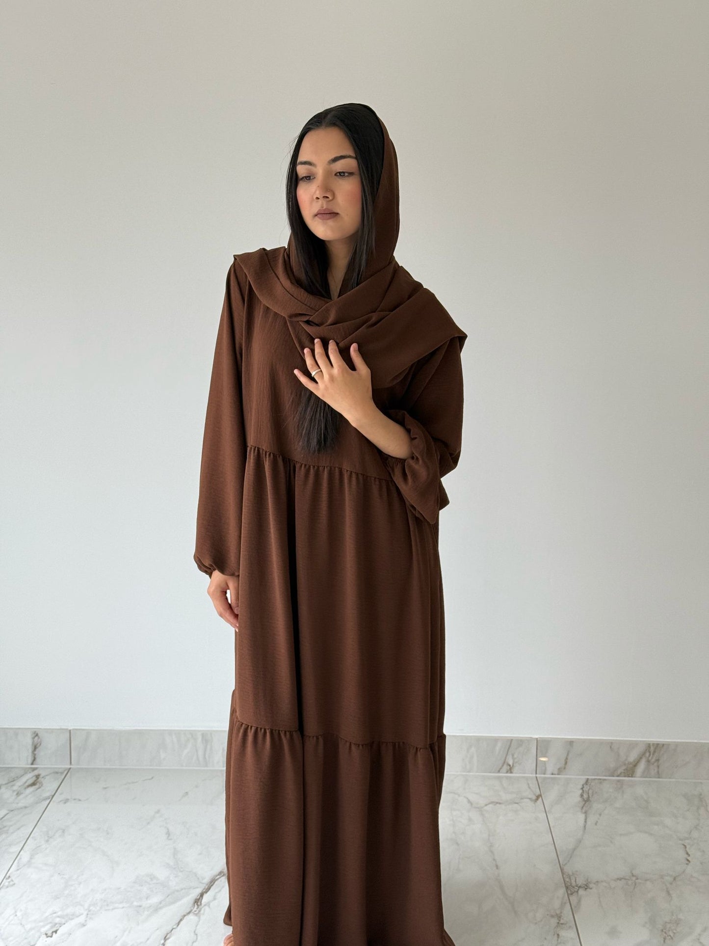 Brown Abaya with Attached Scarf