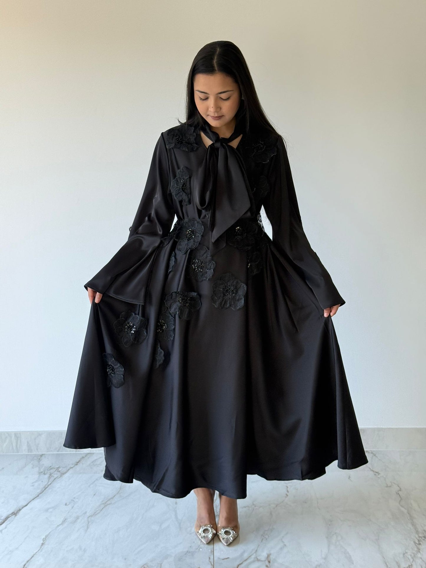 Noir Bloom - Appliqué Maxi Dress
