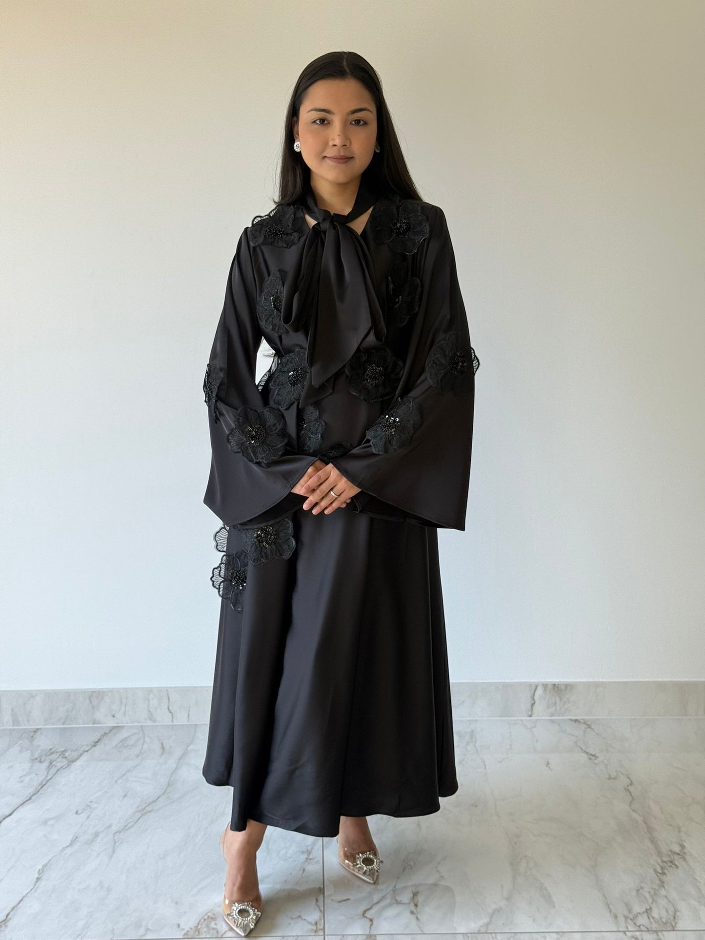 Noir Bloom - Appliqué Maxi Dress