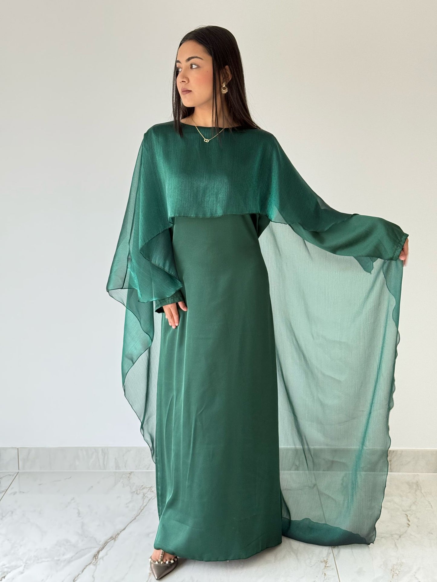 Green Organza Cape Dress