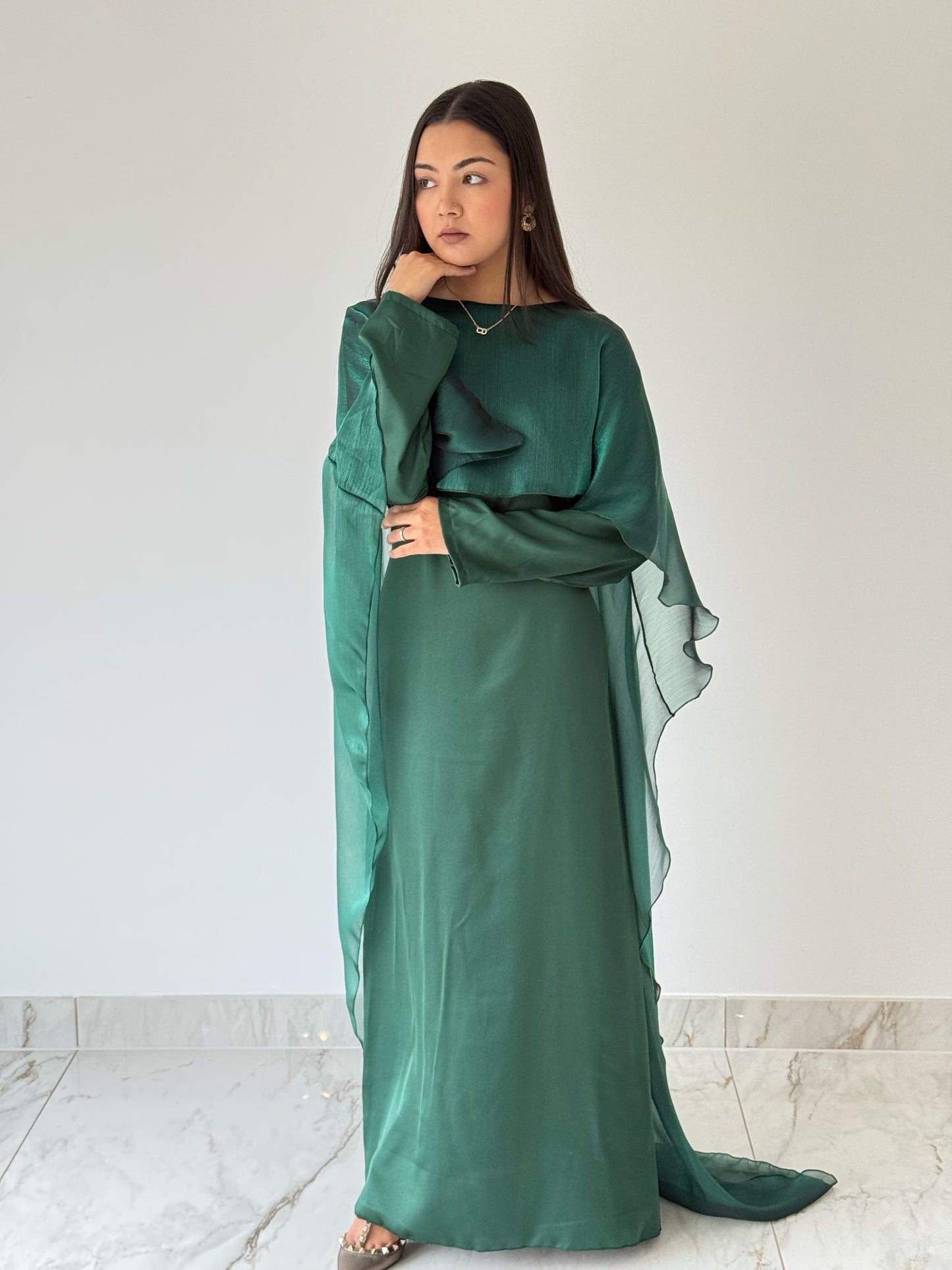 Green Organza Cape Dress