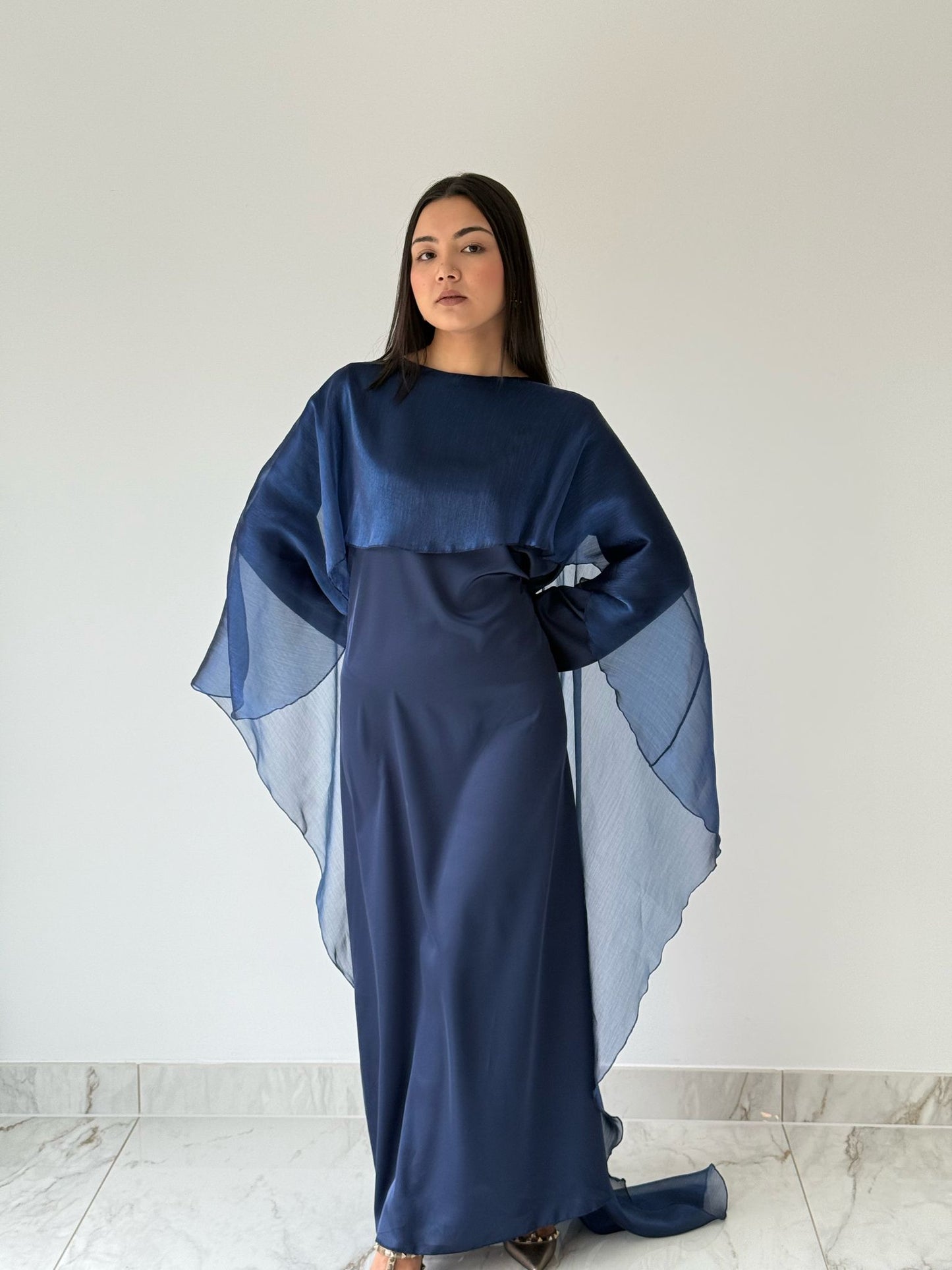 Navy Organza Cape Dress