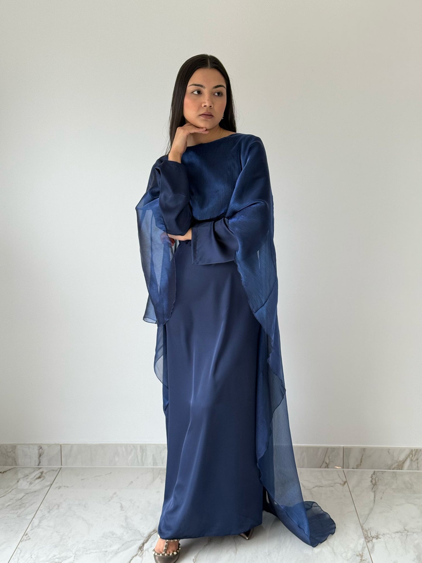 Navy Organza Cape Dress