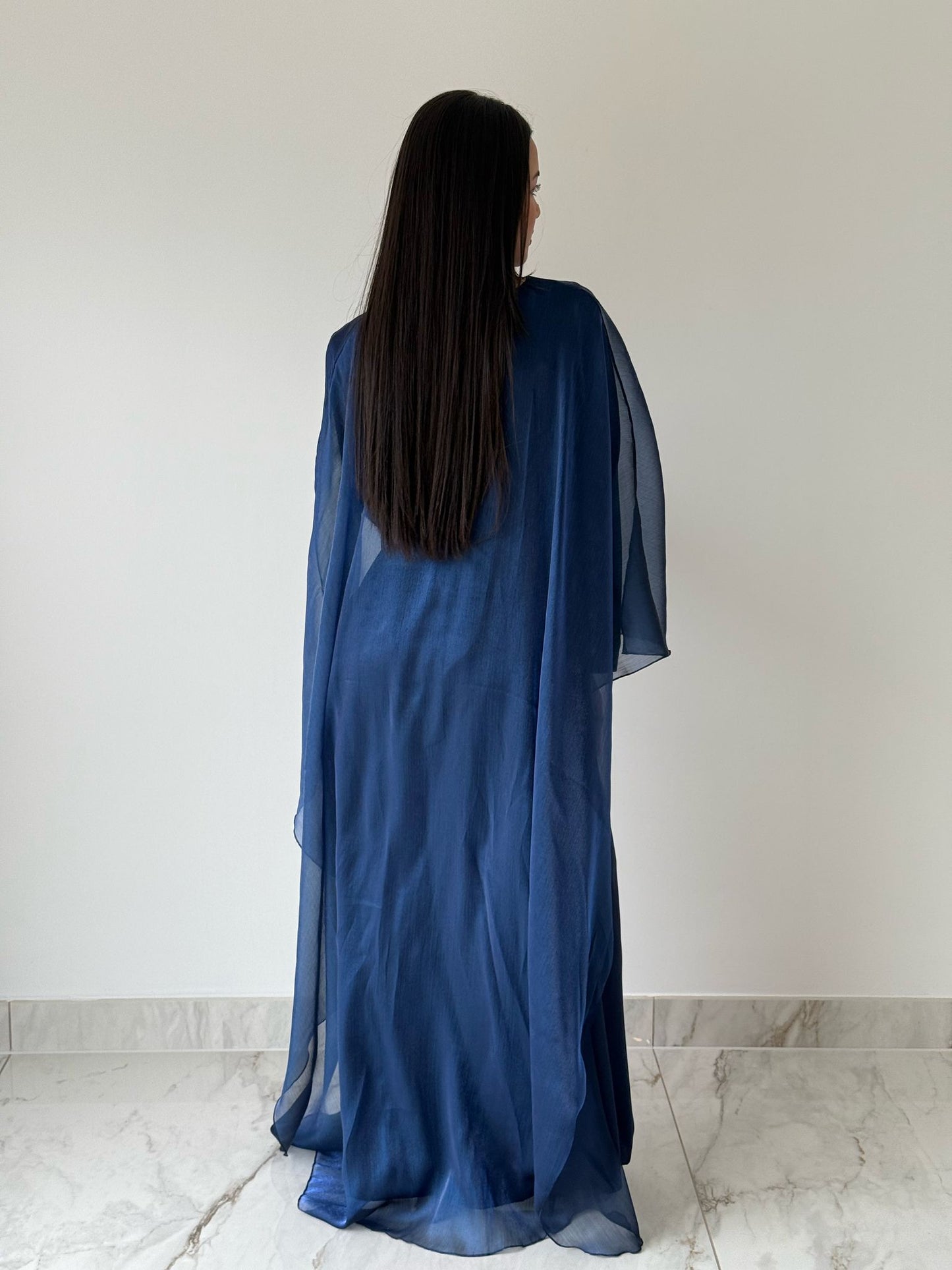 Navy Organza Cape Dress