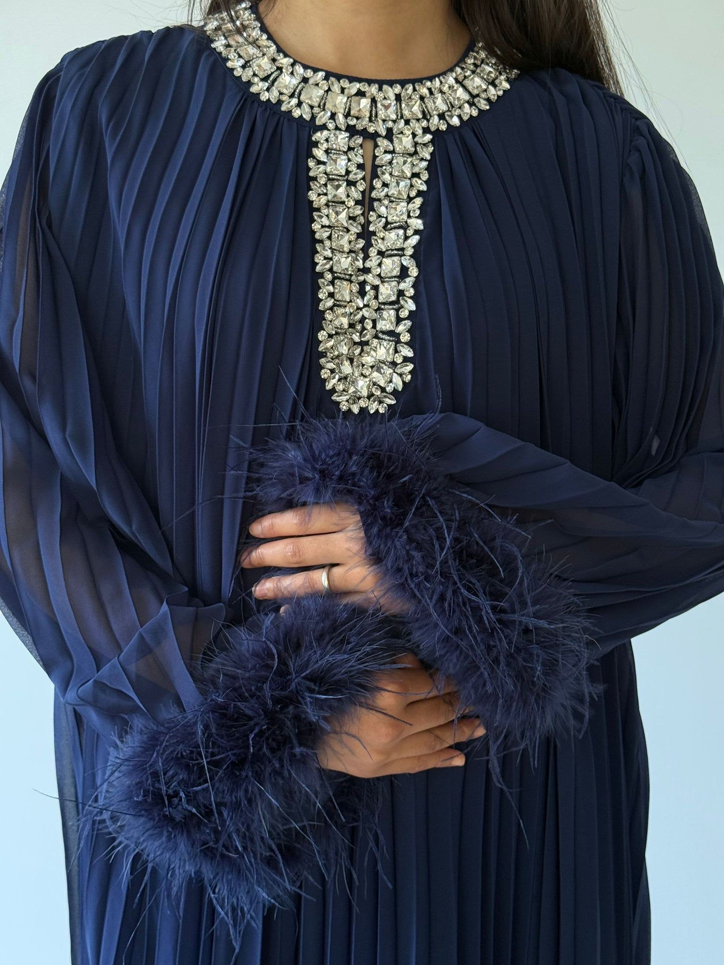 Navy Embellished Feather Trim Dress