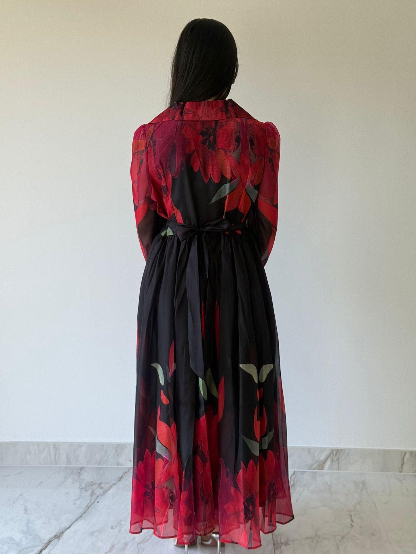 Crimson Bloom V-Neck Maxi Dress