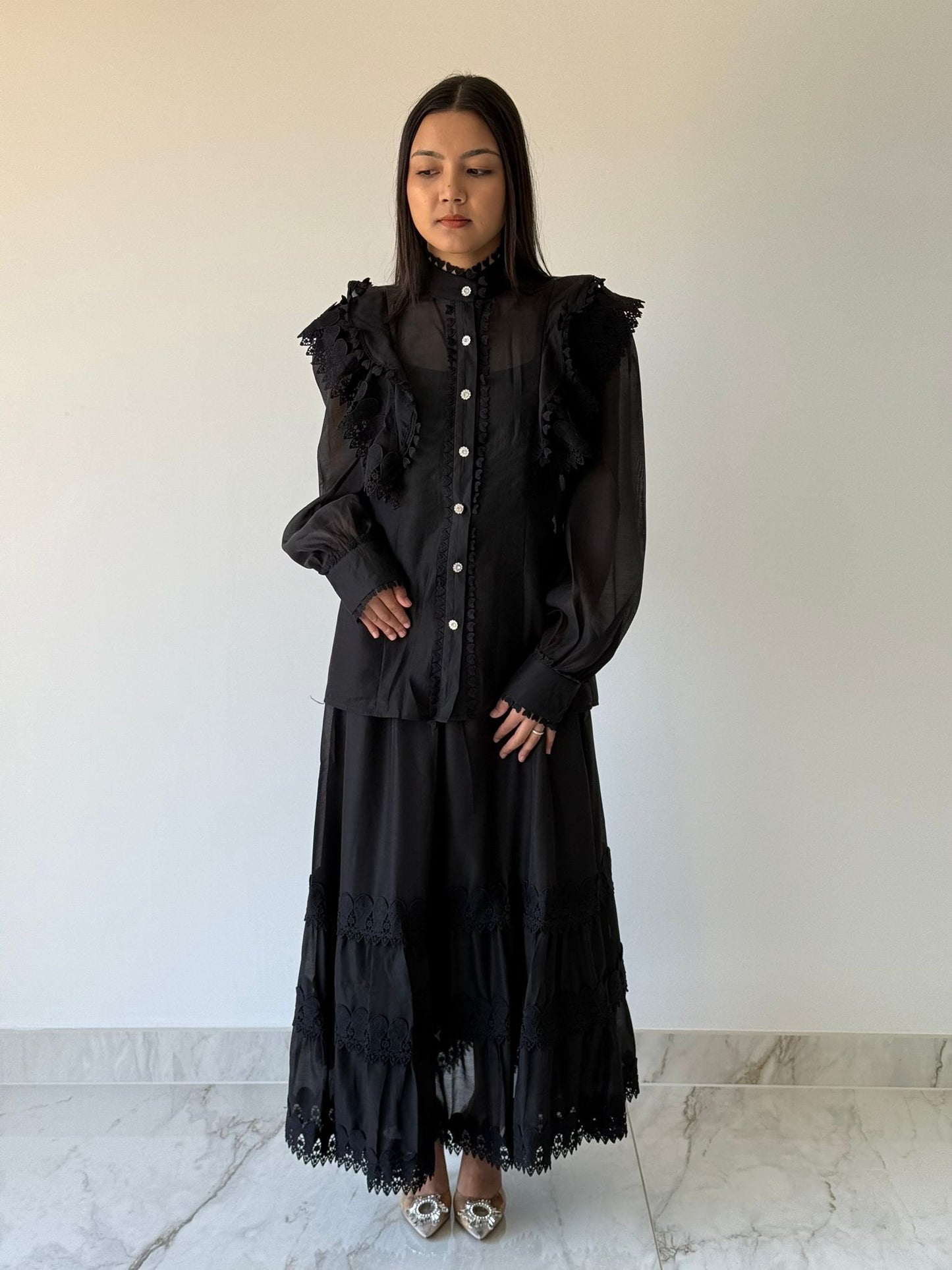 Black Chiffon Lace Skirt Coord