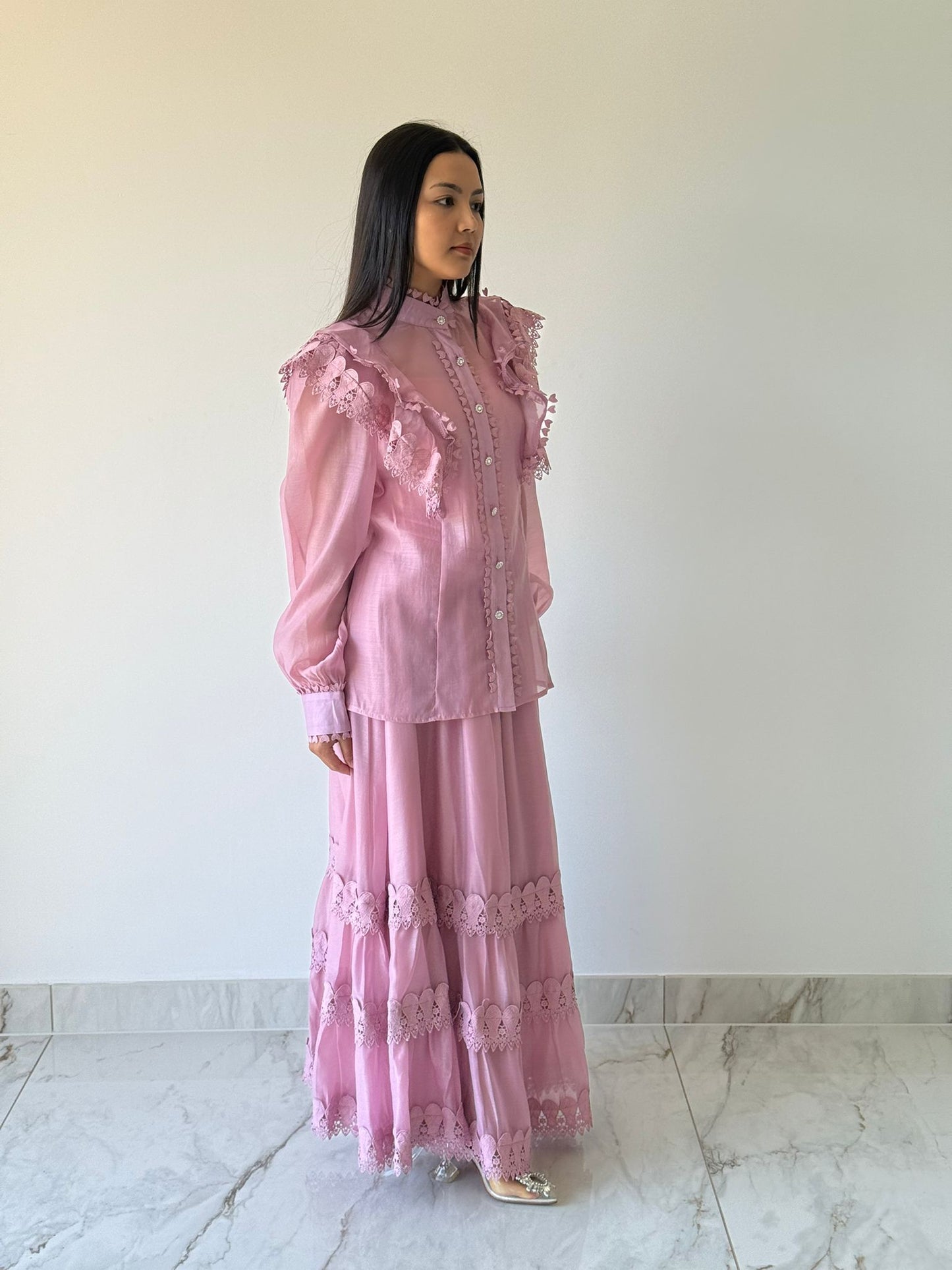 Pink Chiffon Lace Skirt Coord