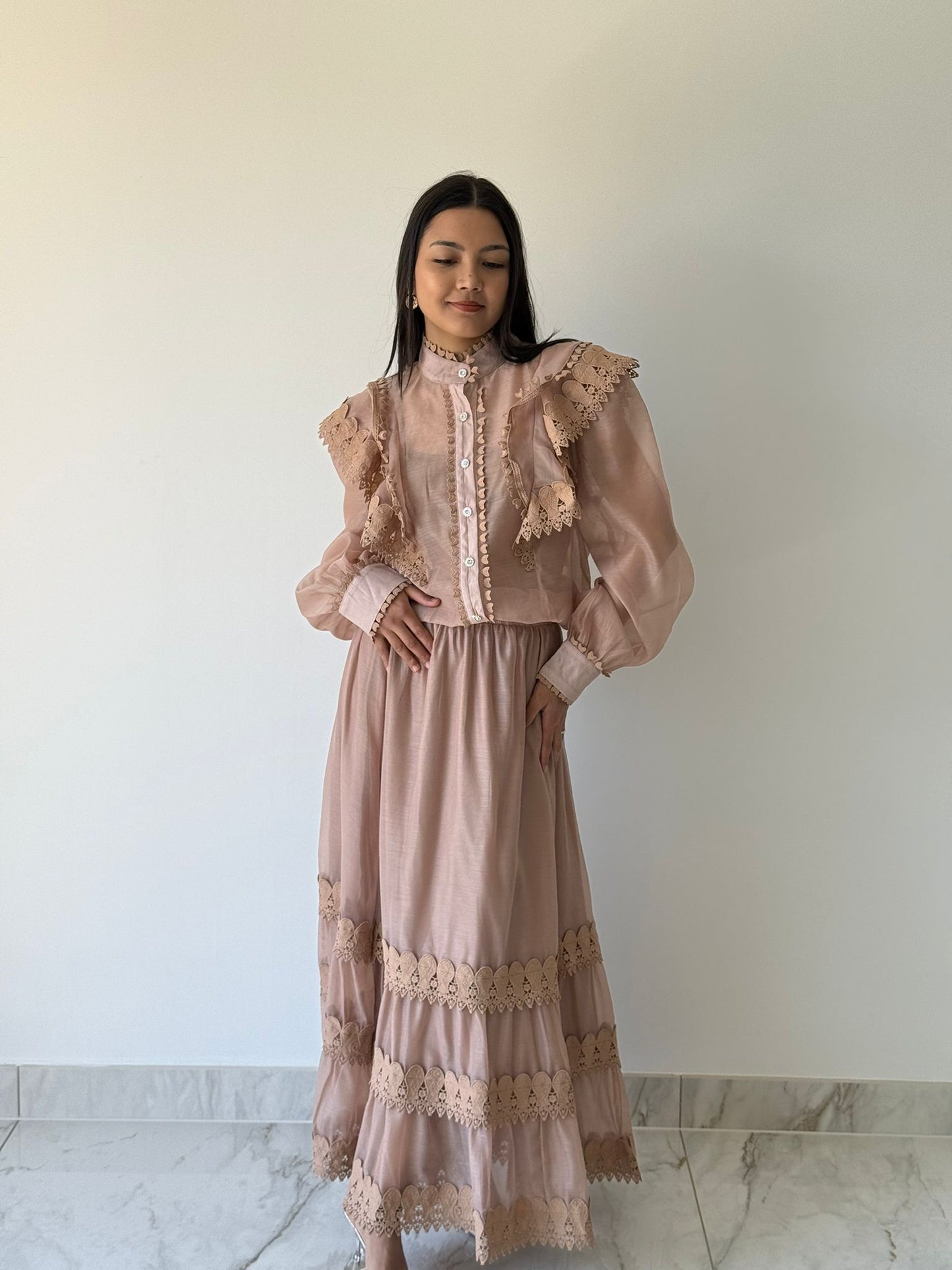 Beige Chiffon Lace Skirt Coord