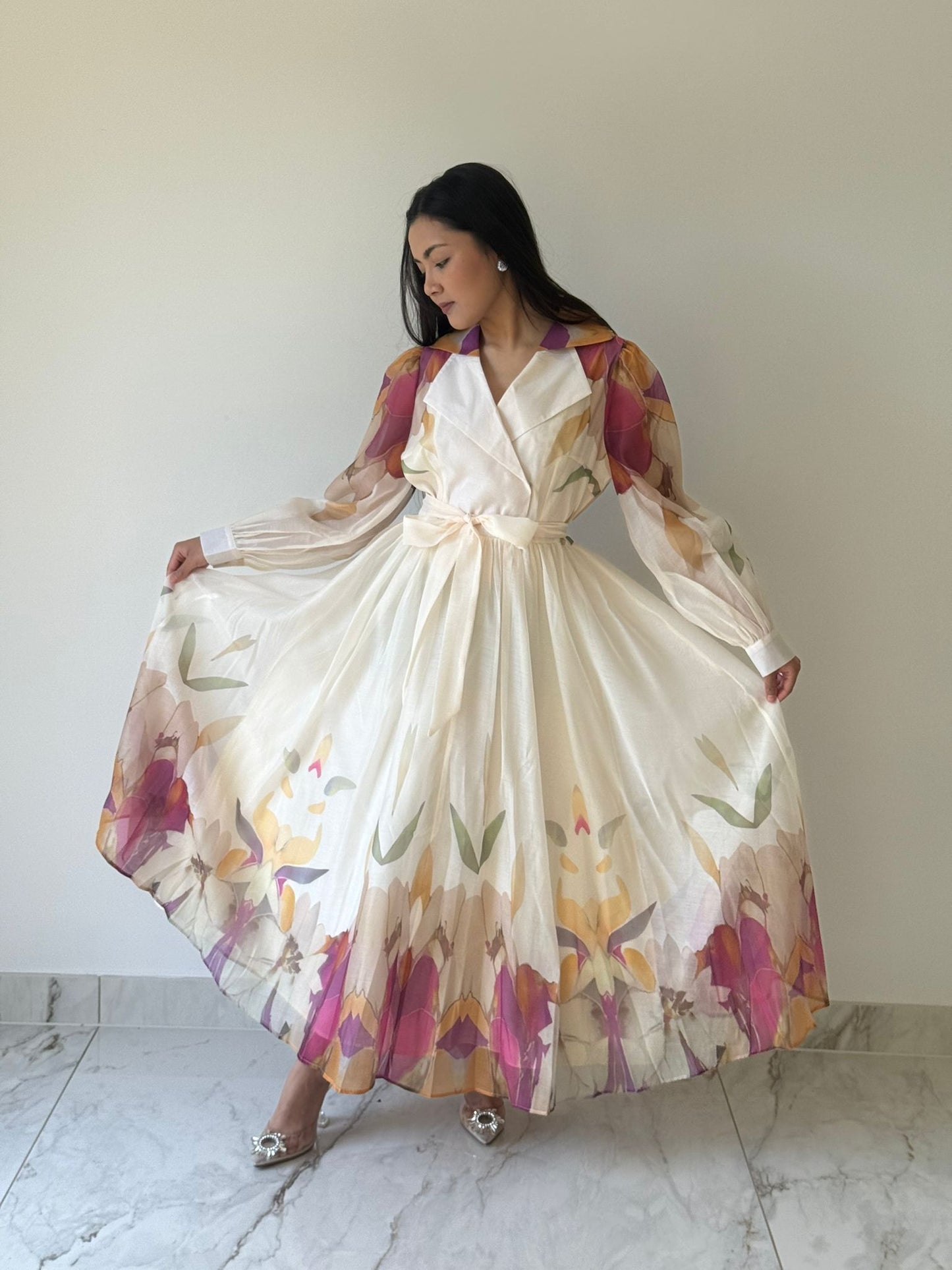 Cream Bloom V-Neck Maxi Dress