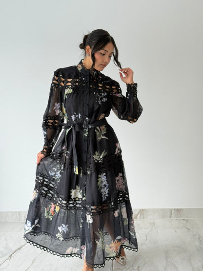 Noir Lace Floral Maxi Dress