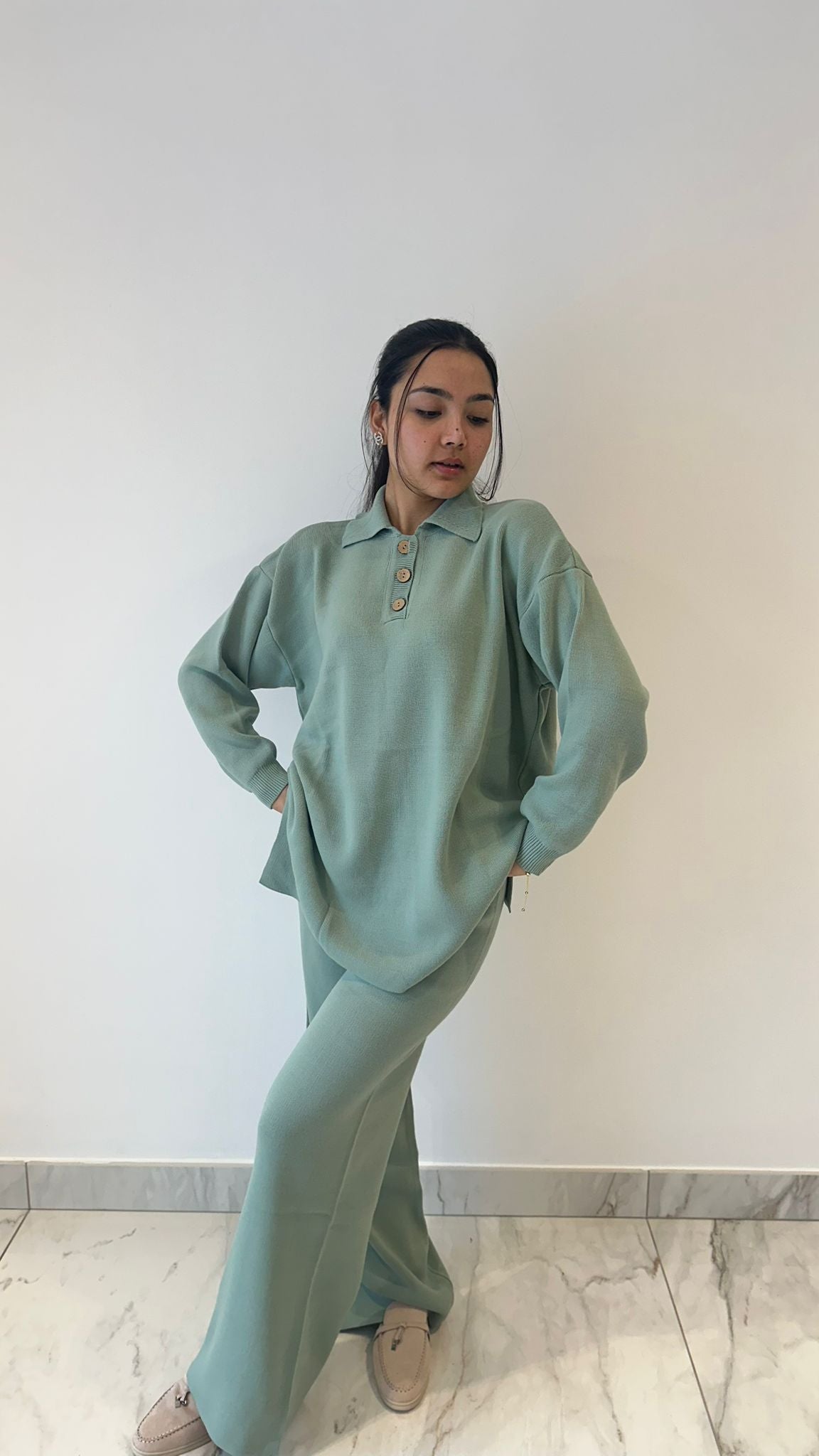 Mint Button Neck Knit Coord