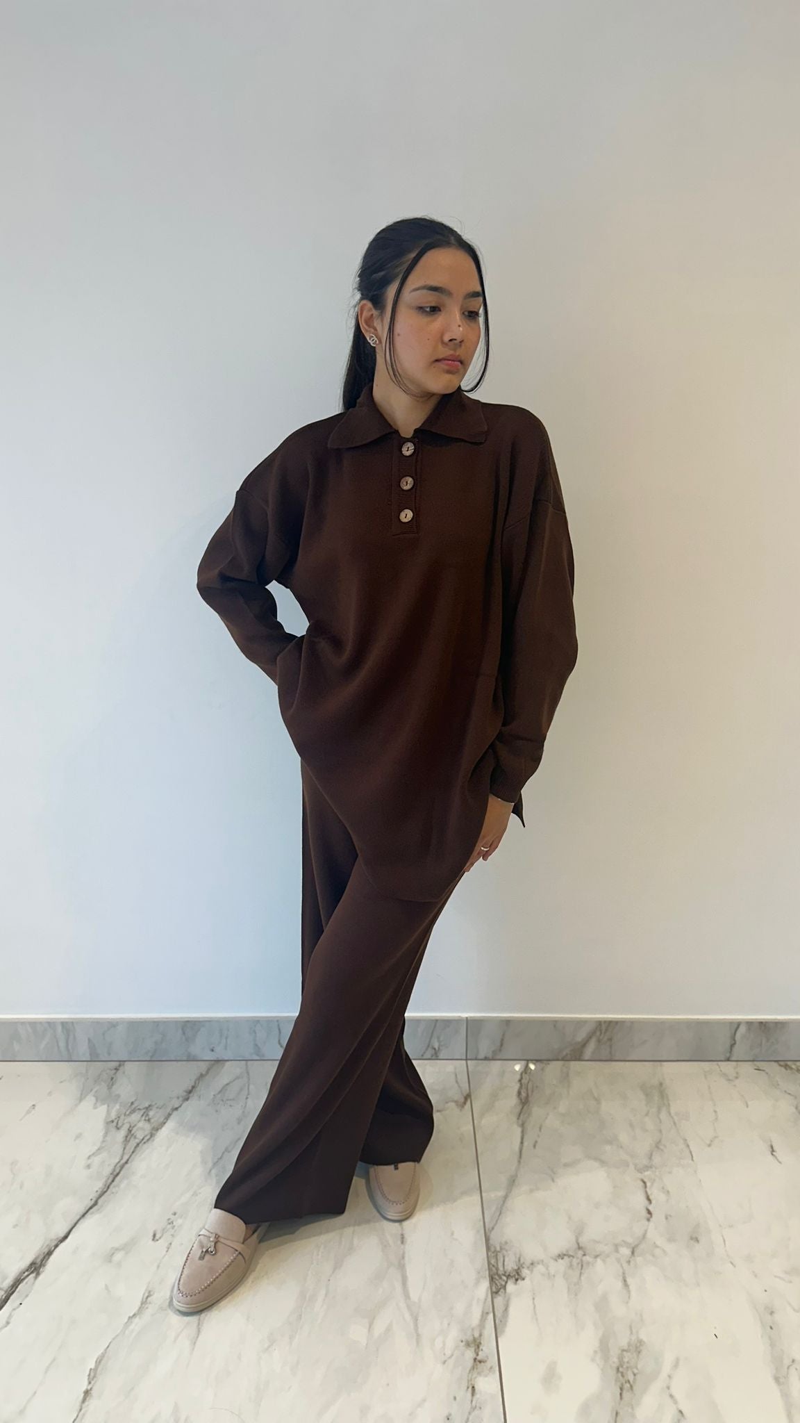 Brown Button Neck Knit Coord