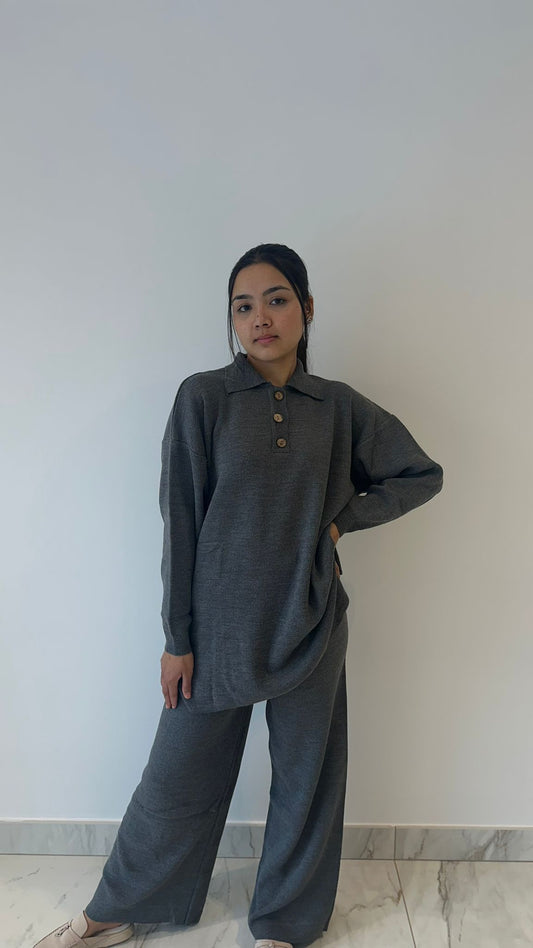 Grey Button Neck Knit Coord