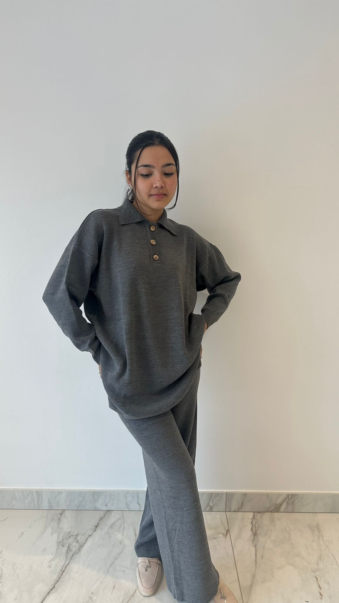 Grey Button Neck Knit Coord