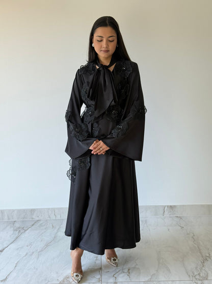 Noir Bloom - Appliqué Maxi Dress