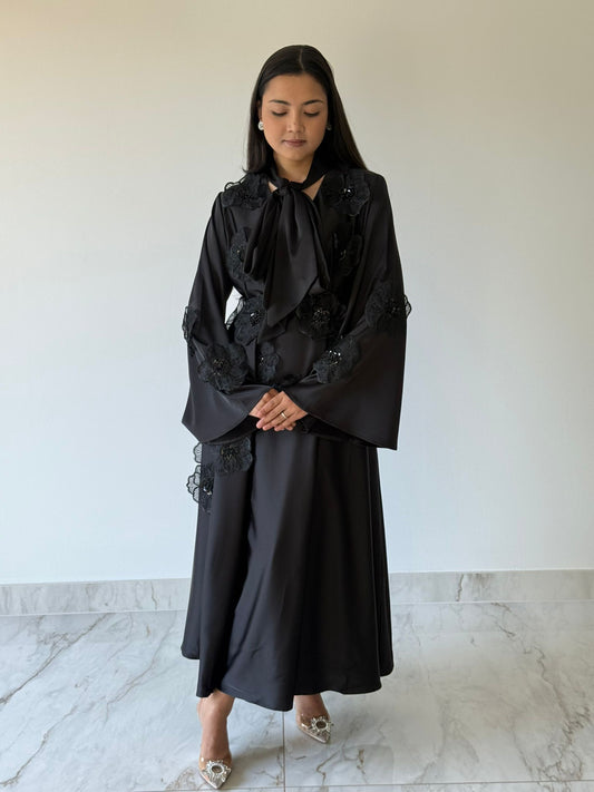 Noir Bloom - Appliqué Maxi Dress
