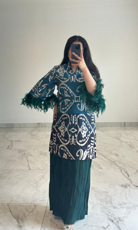 Pleated Teal Feather Sleeve Dress