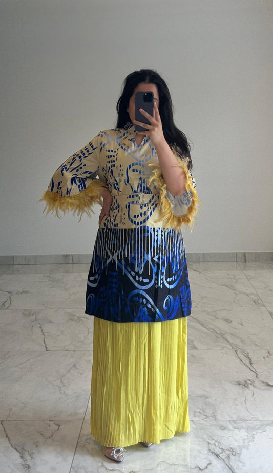 Pleated Yellow Feather Sleeve Dress