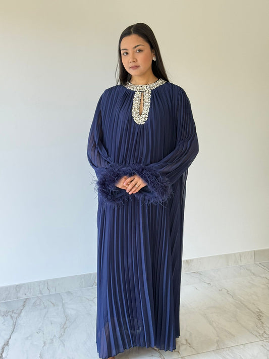 Navy Embellished Feather Trim Dress