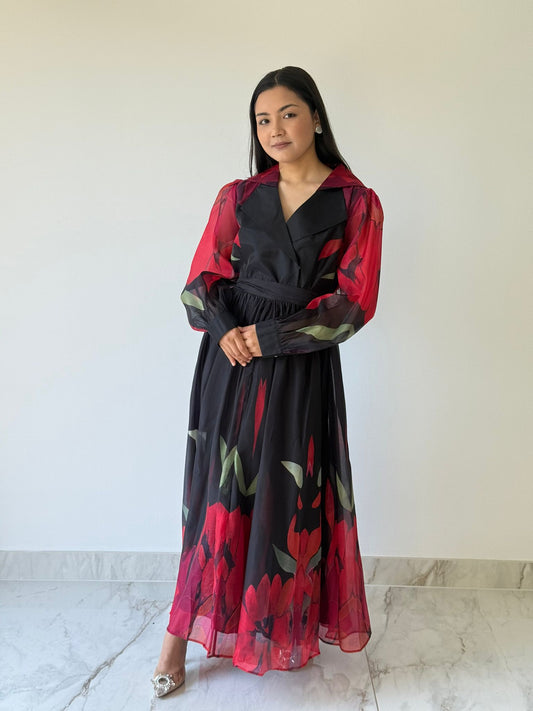 Crimson Bloom V-Neck Maxi Dress