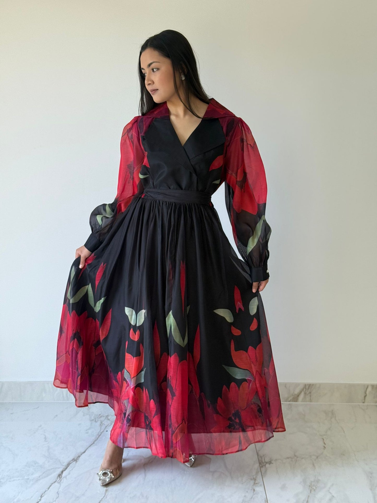 Crimson Bloom V-Neck Maxi Dress