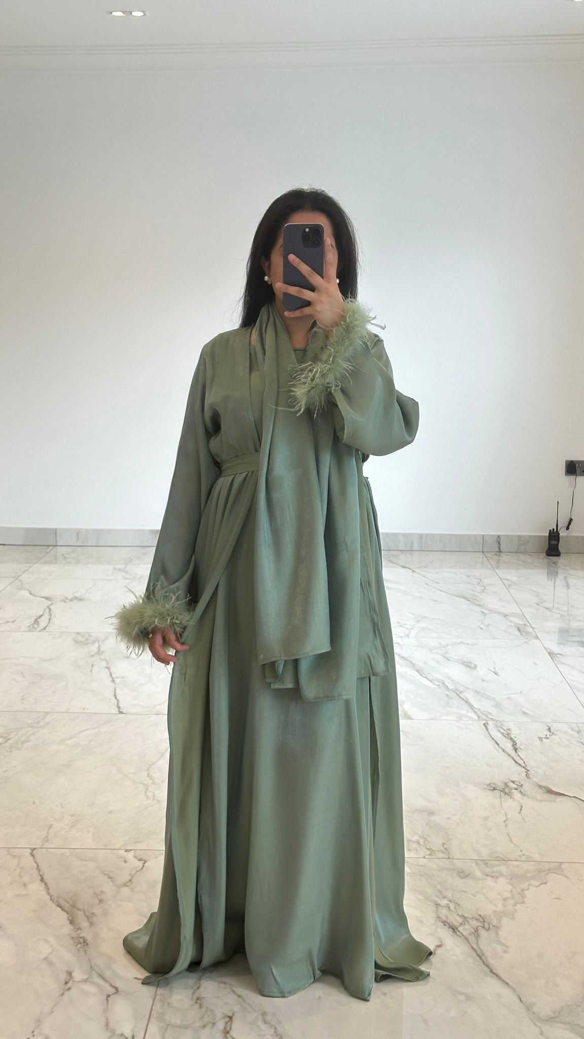 Khaki 3 piece Feather Abaya