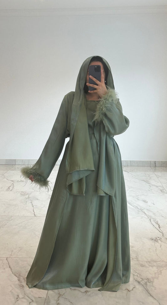 Khaki 3 piece Feather Abaya