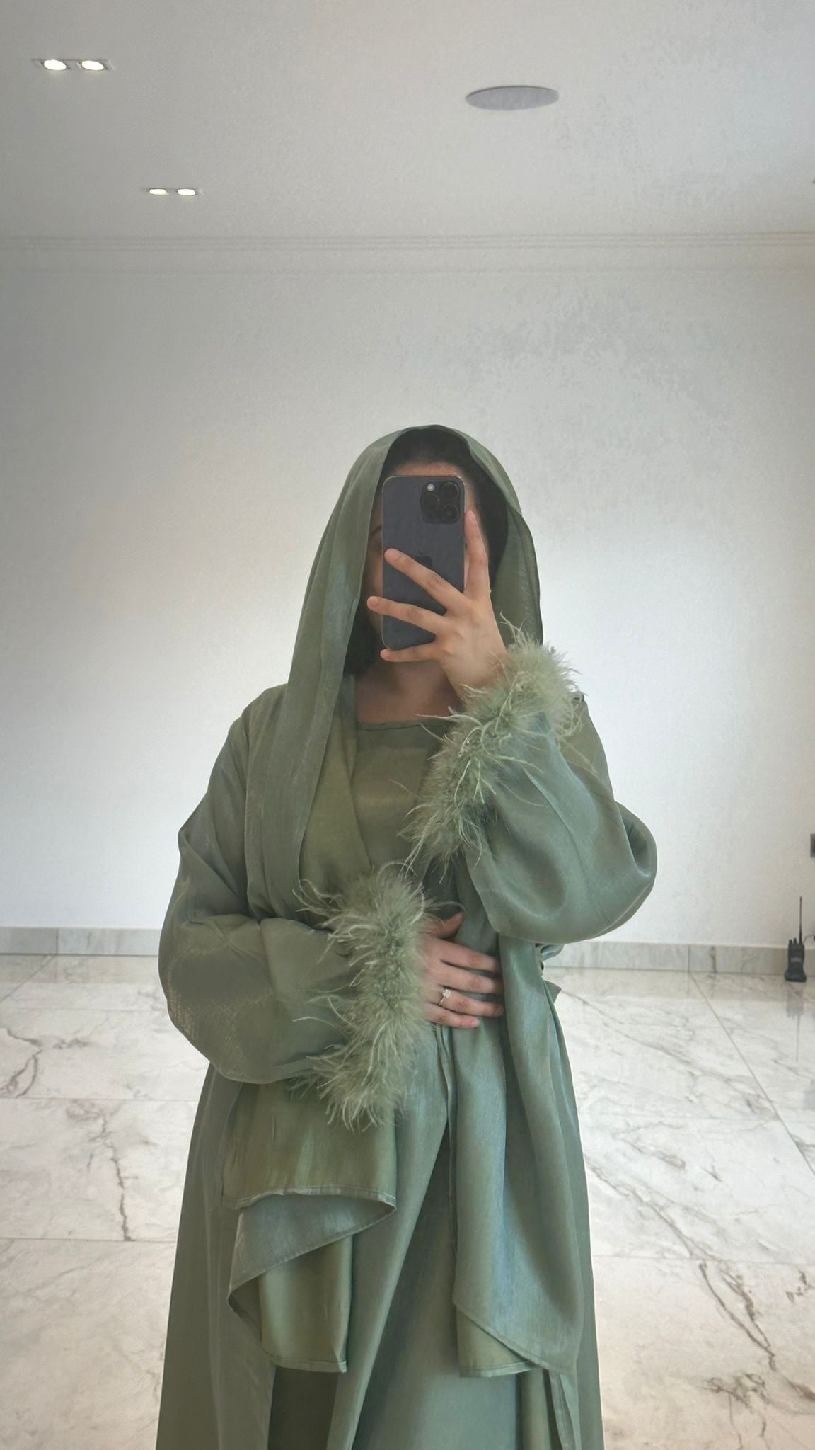 Khaki 3 piece Feather Abaya