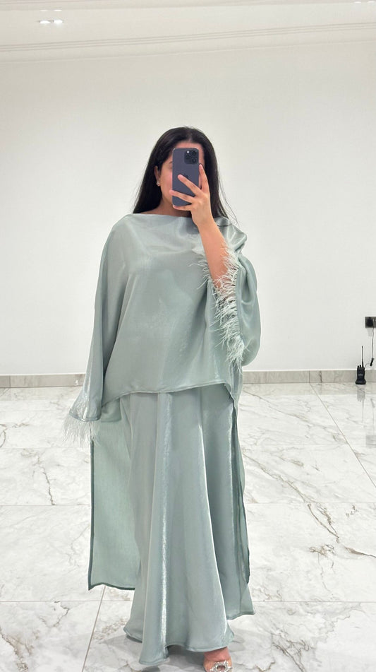 Mint Sateen Feather Skirt Coord