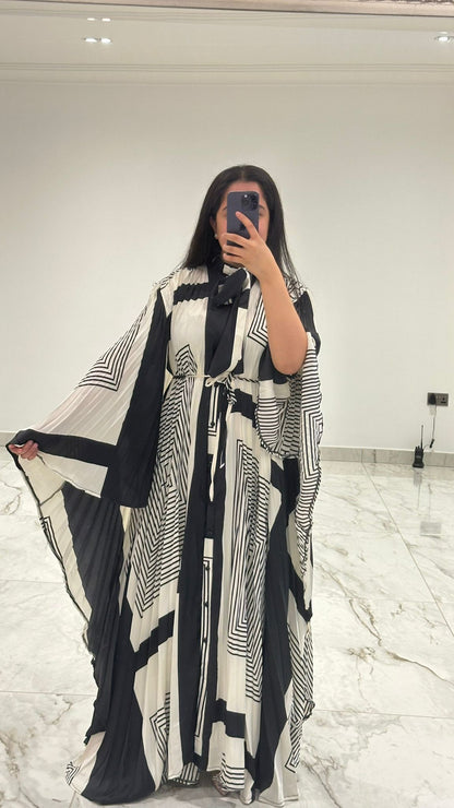 Pleated Cape Dress in Black & White